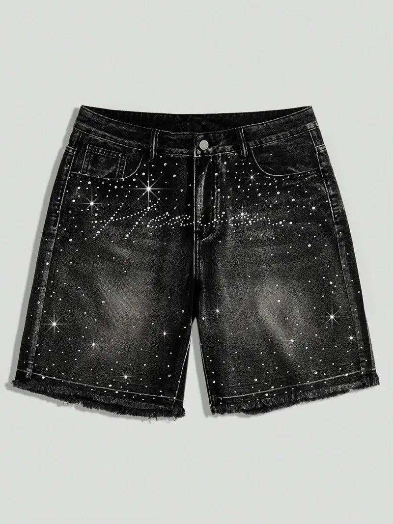 Rhinestone Wide-Leg Denim Shorts