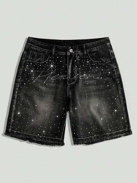 Rhinestone Wide-Leg Denim Shorts